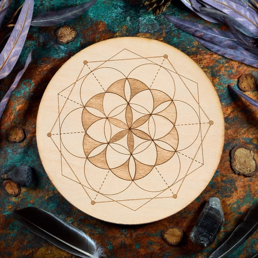 10cm Laser Engraved Wooden Board Geometric Motifs Tableware Bas Insulated Coasters Witchcraft Divination Props Home Decor