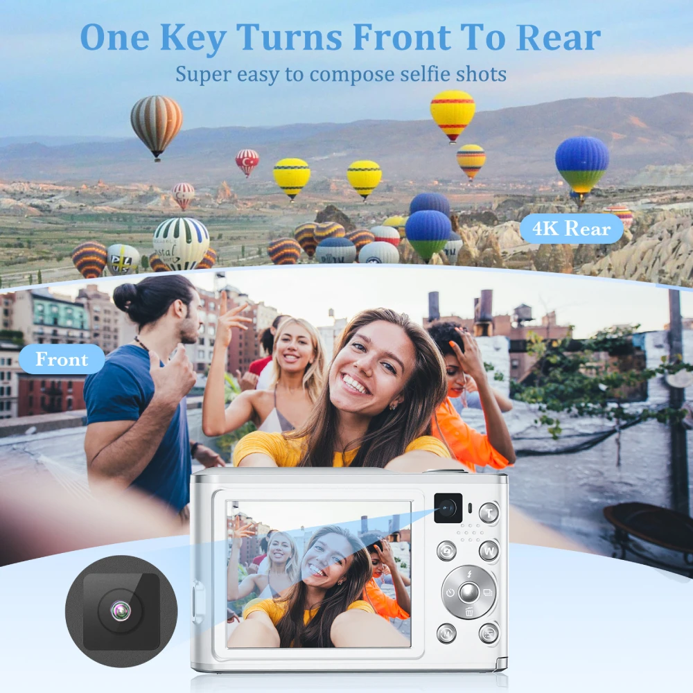 4K Digital Camera Autofocus Vlogging Camera with Front Rear Lens, 32GB Card, 48MP 16X Digital Zoom Selfie Camera, Black, White