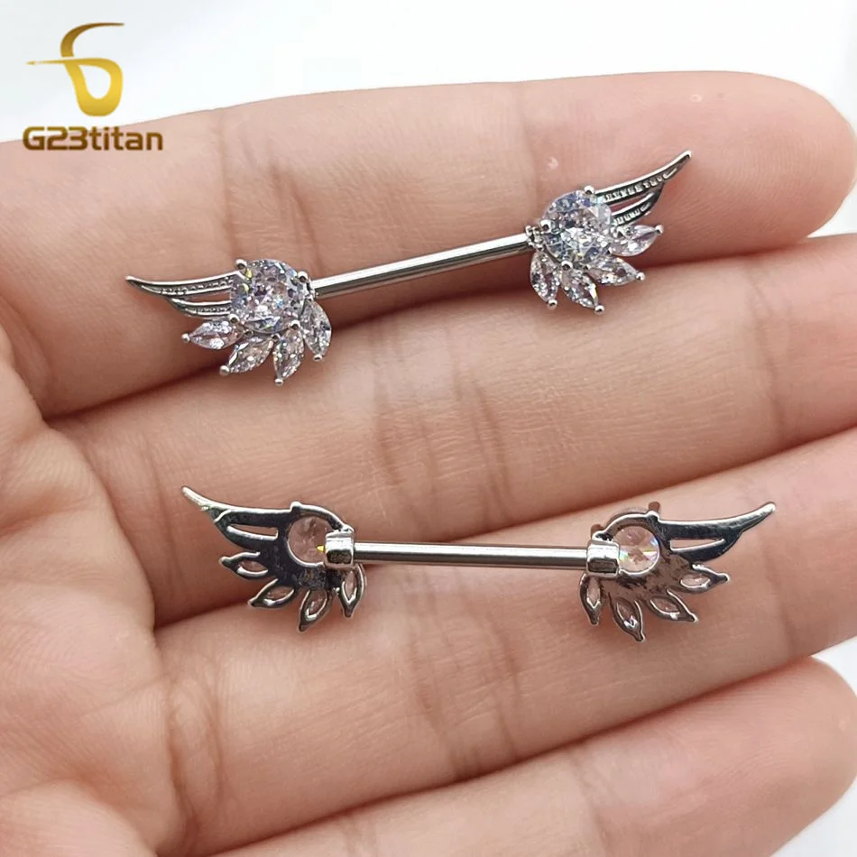 2pcs High Quality Zircon Angel Wings Nipple Rings Piercing Titanium Steel 14G Barbell Women Sexy Summer Nipple Jewelry Accessory