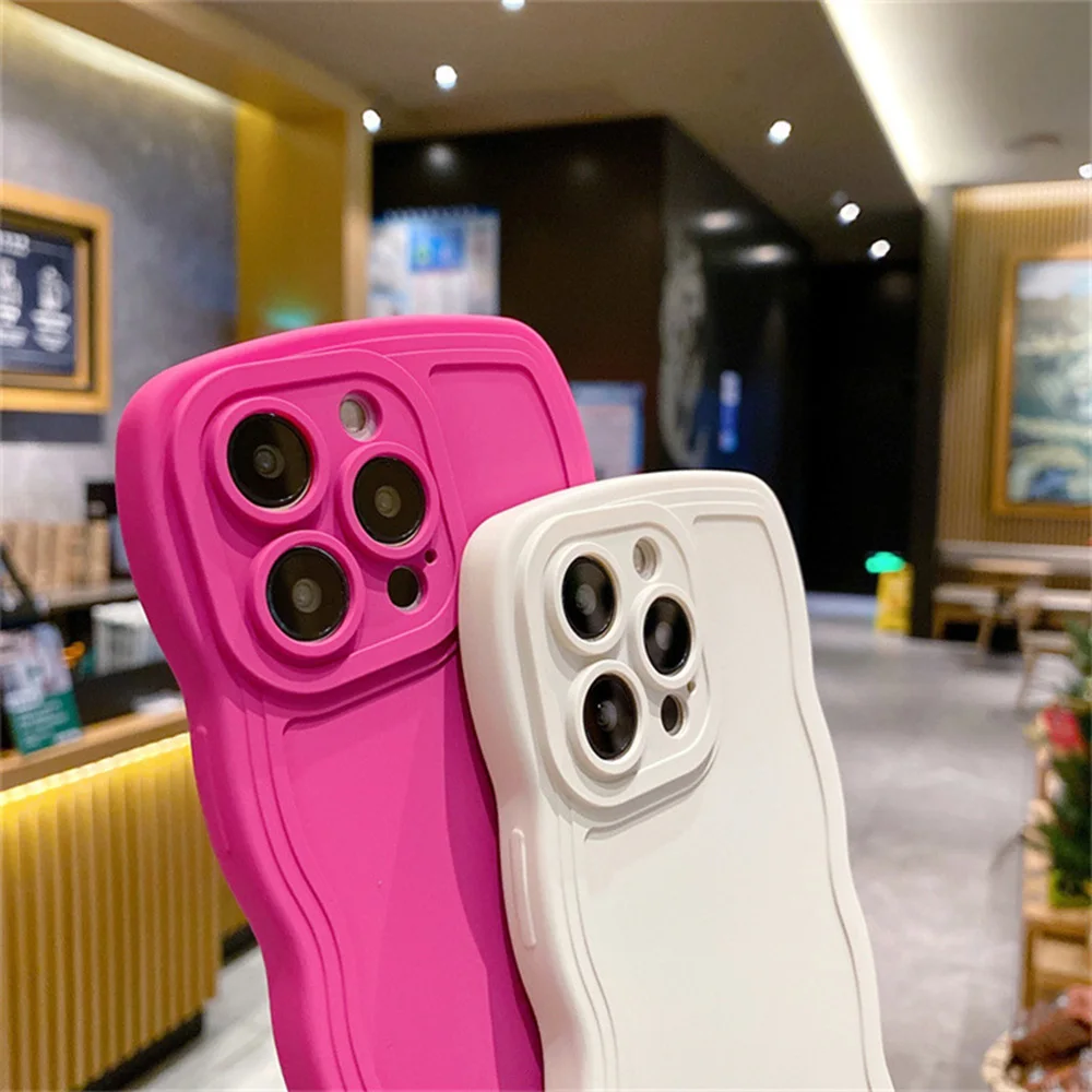 Cute Curly Wave Frame Silicone Phone Case For iPhone 11 12 13 14 15 Pro Max Matte Solid Color Shockproof Protection Back Cover image 3