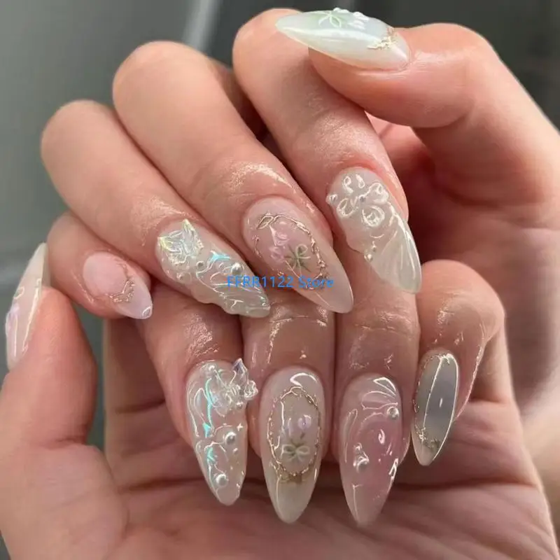 

Y1UF 24 Pcs Butterfly on 3D Flower Artificial Almond False Bows Press On for Woman