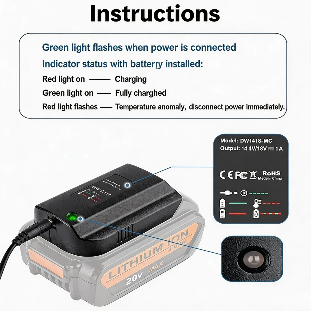 14.4V 20V Li-Ion Battery Charger 1A Output With Indicator Charging For Dewalt Lithium DCB118 DCB107 DCB115 DCB112 DCB143 DCB206