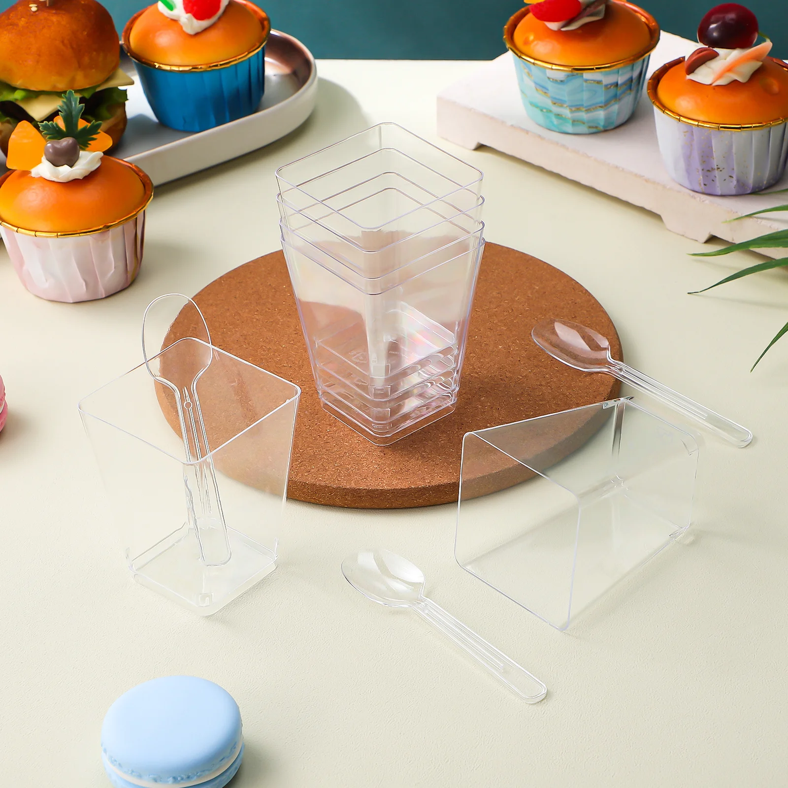 

30Pcs Pudding Cups Plastic Clear Mini Dessert Cups for Parfait Mousse Yogurt Trifle and Appetizers Dessert Spoons