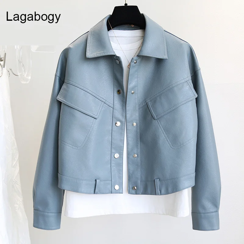 

Leather Lagabogy Women Jacket Spring Autumn PU Female Loose Moto Biker Coat Ladies Turn Down Collar Single-Breasted Outwear