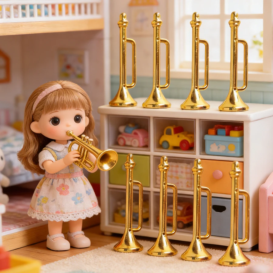 10pcs 4.3cm Plastic Mini Golden Trumpet Ornament Miniature Decorative Crafts Dollhouse Desktop Miniature Scene Accessory ﻿
