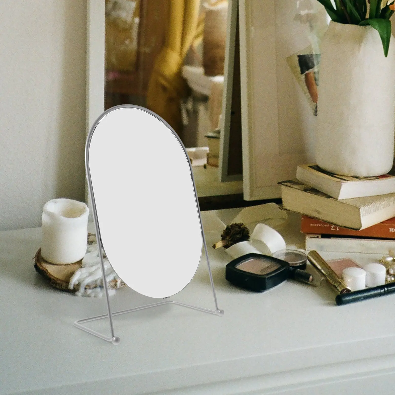 Oval Vanity Makeup Mirror Silver High Definition Stand Bedroom Table Desk Mirror Metal Frame for Living Room Dressing Table