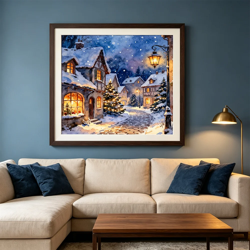 Wall Art Prints Canvas Painting Poster Picture for Living Bedroom Dining Room Home Decor Christmas Snow Night Town Landscape