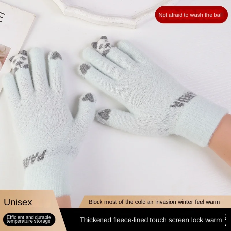 Women's Gloves Cute Riding Warm Thickened Cold-proof Student Knitted Wool Touch Screen Cotton Gloves Five Finger #3994