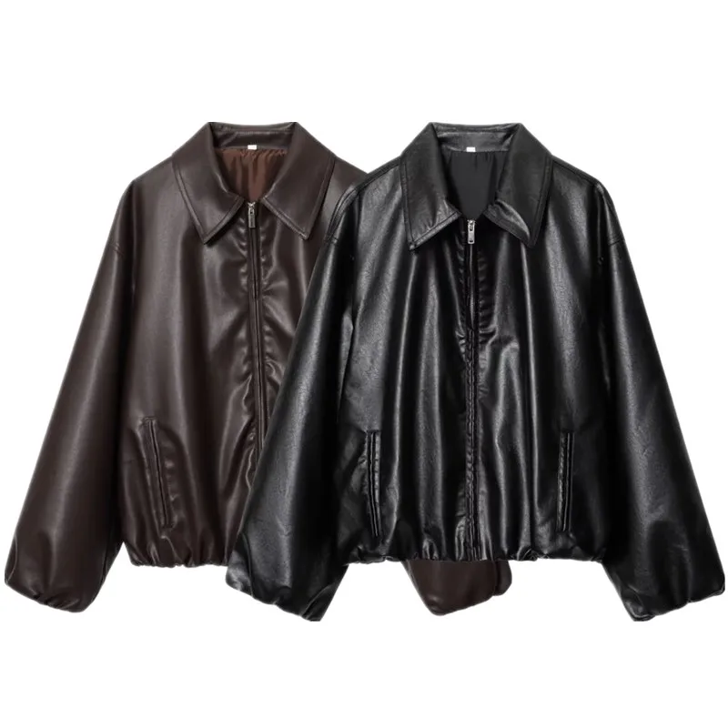 Lose Leder Pilot Kragen Jaet frauen Neue Herbst 2025, Faion Oberbekleidung Casual Sli Gefälschte Leder Mantel für Damen