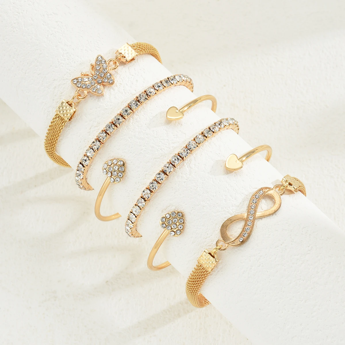 6 قطع خمر الذهب اللون ثمانية كلمة فراشة سوار على شكل قلب مجموعة للنساء الشرير تألق حجر الراين إنفينيتي الكفة الإسورة مجوهرات