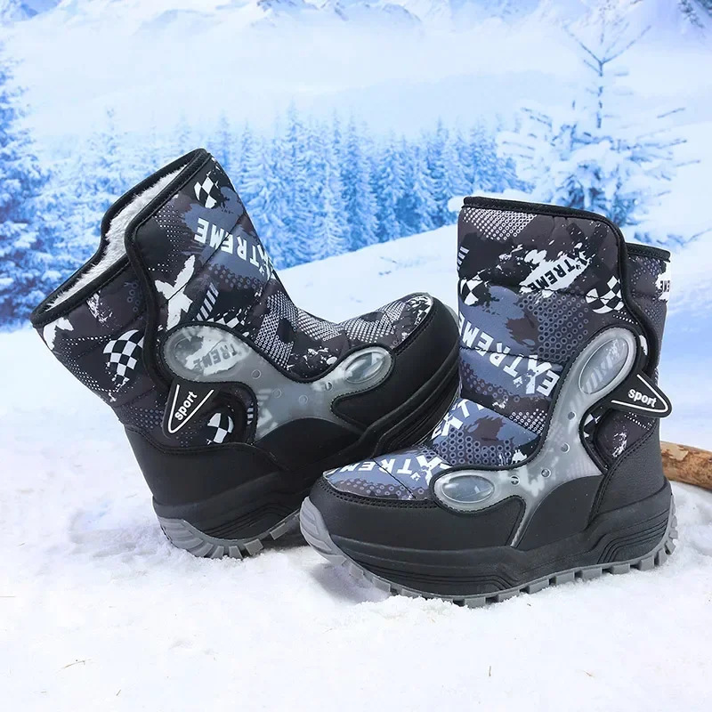 Children Snow Boots Winter Boys Warm Shoes Plush Booties Kids Outdoors Size 31-39# Blue,Black,Gray, From 5 to 9Y B223