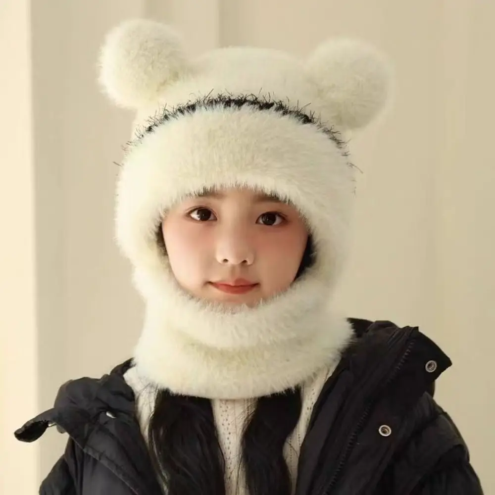 Coldproof Scarf Mask Integrated Hat 4 in1 Warm Lining Children Windproof Hooded Hat Fur Balls Decor Cartoon Windproof Hood
