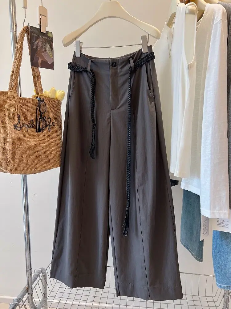 Pantalon décontracté rétro japonais, coupe ample, tissage lâche, ceinture, taille haute, jambe droite, large, ex printemps automne