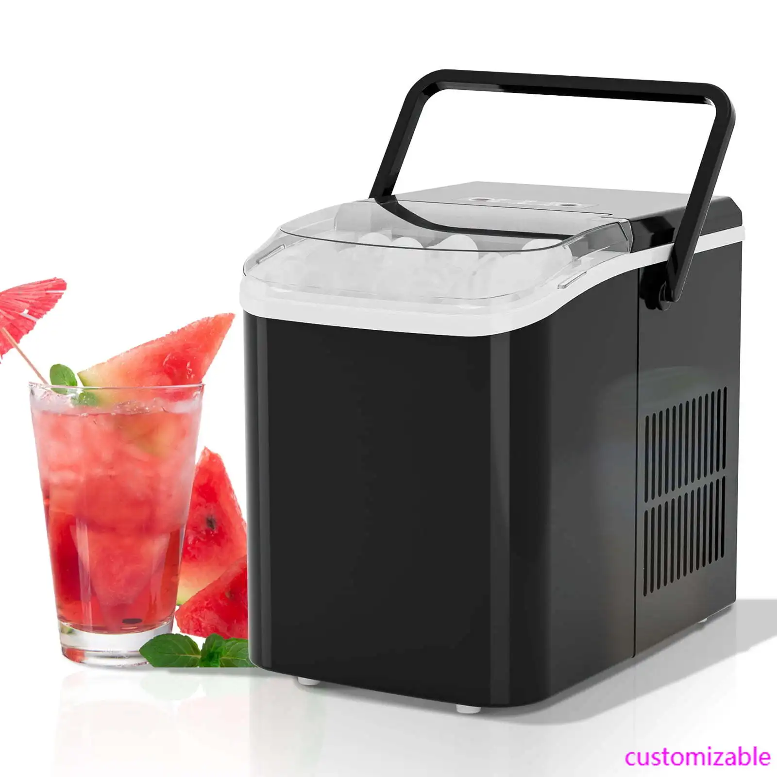 

Countertop Ice Maker, Machine Self-Cleaning, 2 Sizes Bullet Ice, Portable Ice Machine with Ice Scoop, Basket and Handle, Black