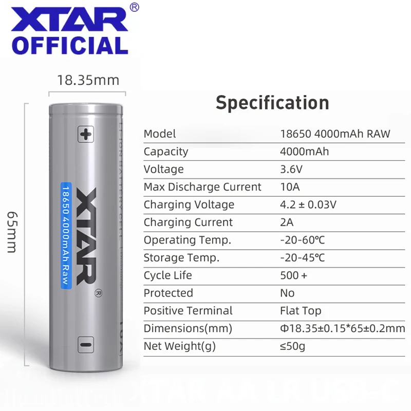 Grade A XTAR INR 18650 4000mAh RAW Max 10A 3.6V Rechargeable Li-ion Low Resistance Original Battery 500+ Cycles For Power Tools view 4