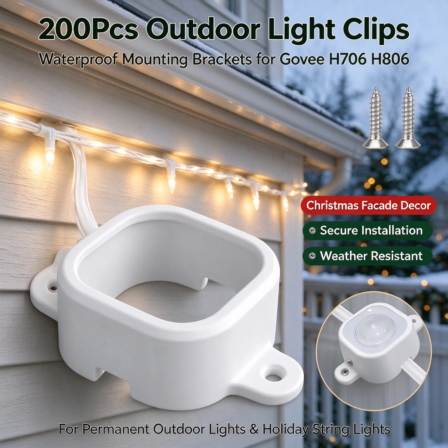 200Pcs Weatherproof Outdoor Light Clips for Govee H706 H806, Christmas Facade Mount Brackets