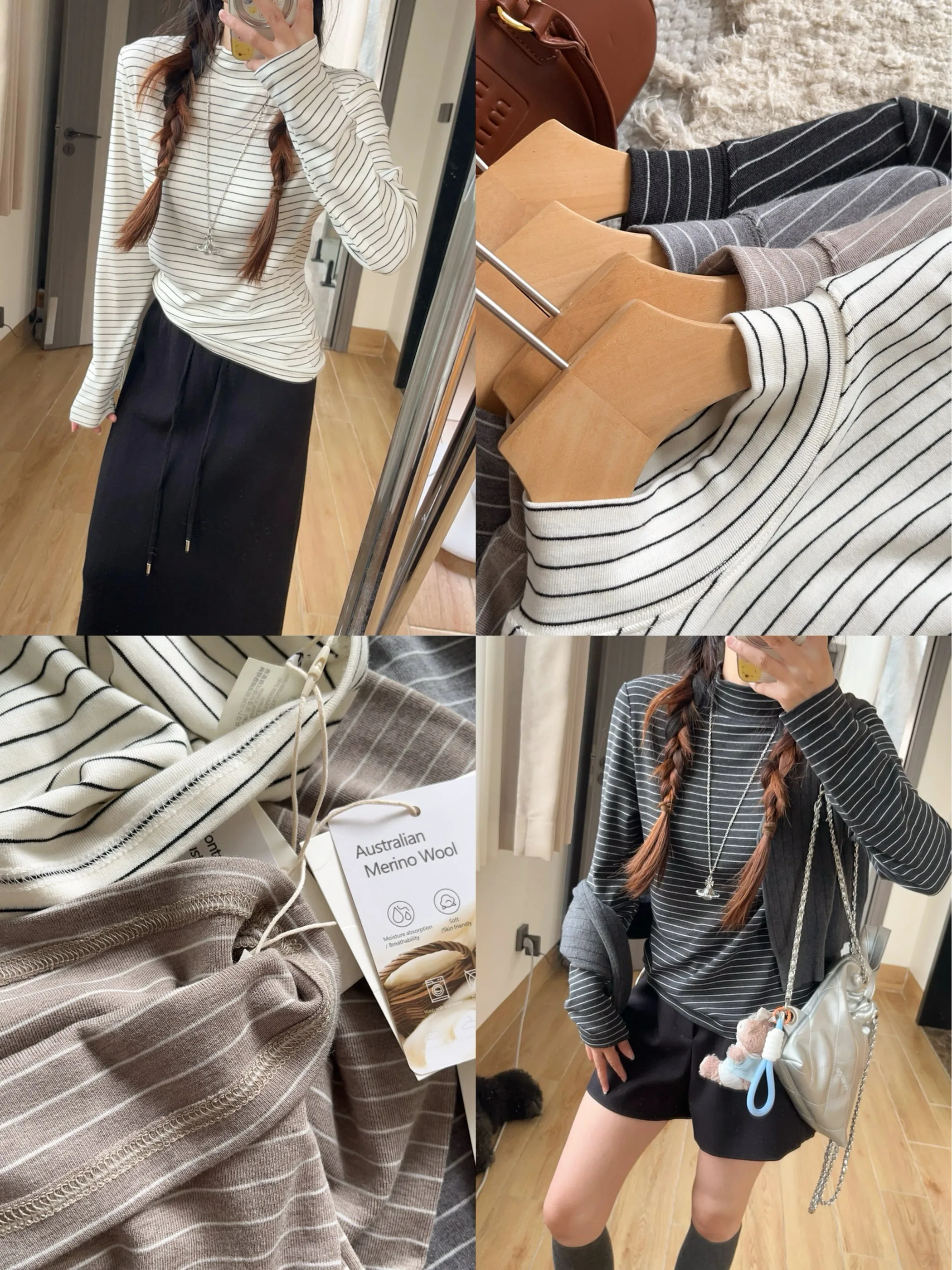 Chency Home Beautiful Woolen Self-Heating Constant Temperature Women's Autumn Winter Half High Collar Long Sleeve Striped Top