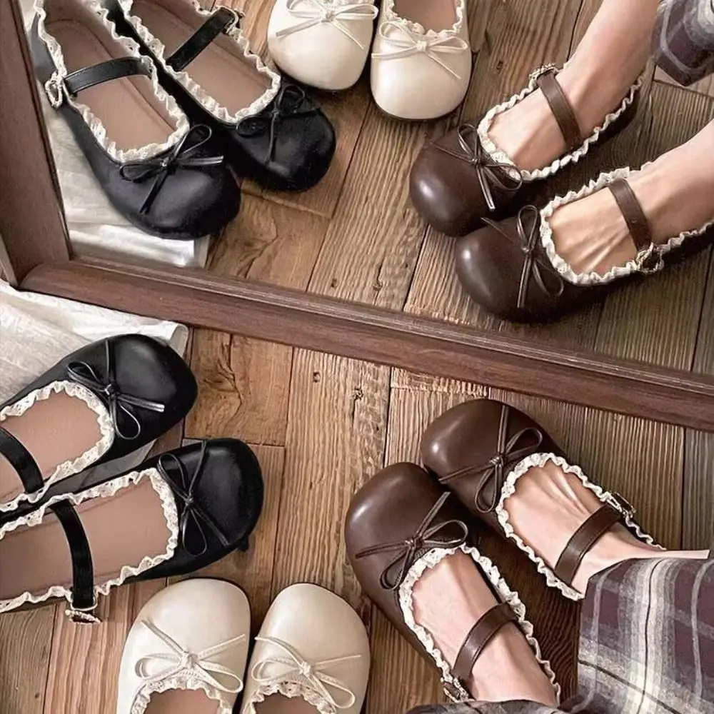 Lolita PU Leather JK Flat Shoes Bow Sweet Casual Ballet Flats Soft Sole Lace Ruffled Mary Jane Shoes Women