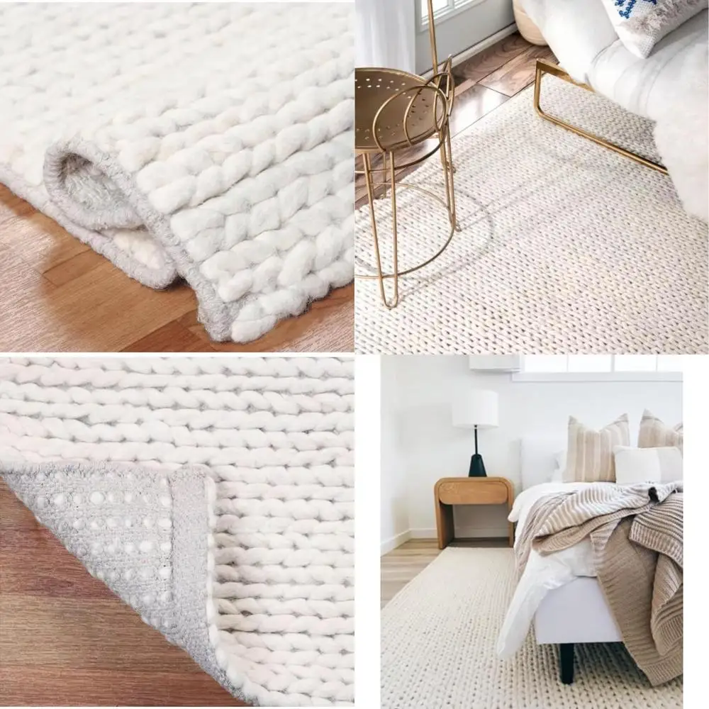 

FRELISH DECOR Wool and Cotton Blend Area Rug, 8x10 Feet, Handcrafted Braided Cable Knit Design, Suitable for Living Room and Bed