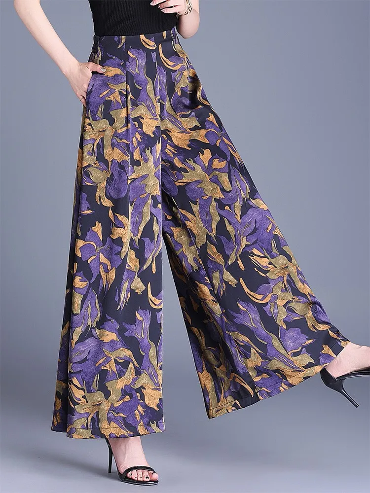 ZUZK Pantaloni a gamba larga stampati alla moda estiva Comode donne Nuova versione coreana Pantaloni casual larghi in vita elastica Tessuto ecetato