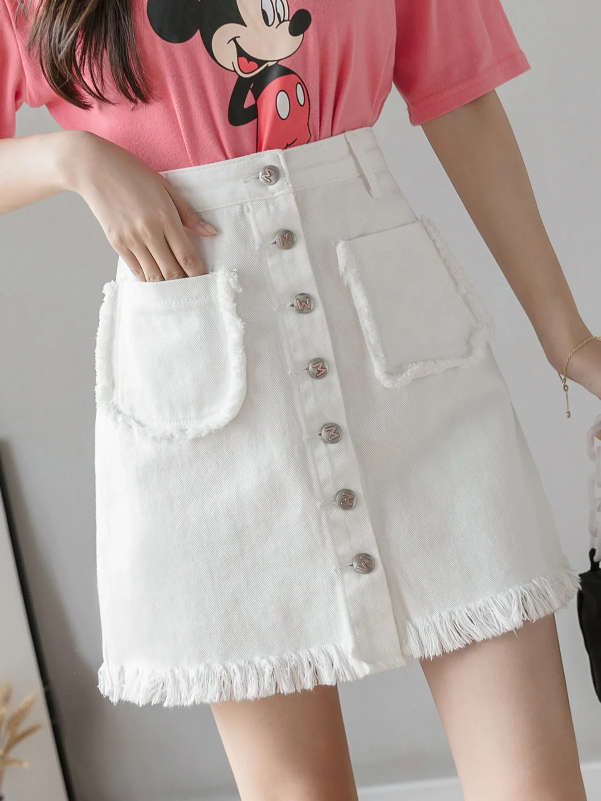 

Croysier Summer Clothes For Women Skirts 2023 High Waist Front Buttoned Denim A Line Skirt Solid Frayed Trim Casual Mini Skirt