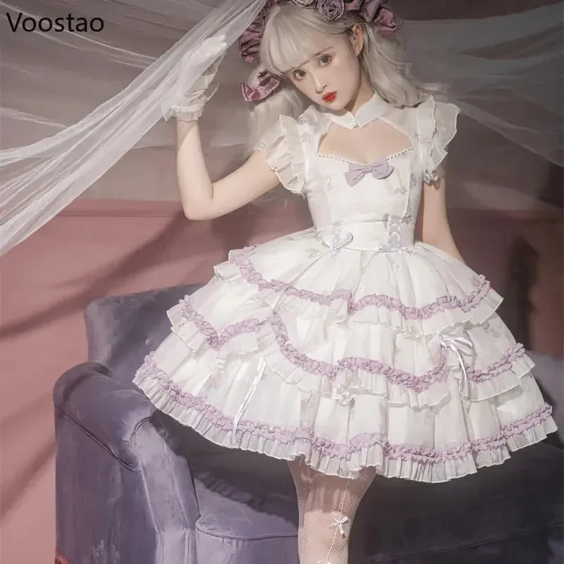 

New Vintage Gothic Y2k Lolita OP Dress Victorian Harajuku Girls Bow Print Ruffles Punk Tiered Dress Women Kawaii Puffy Party CXB