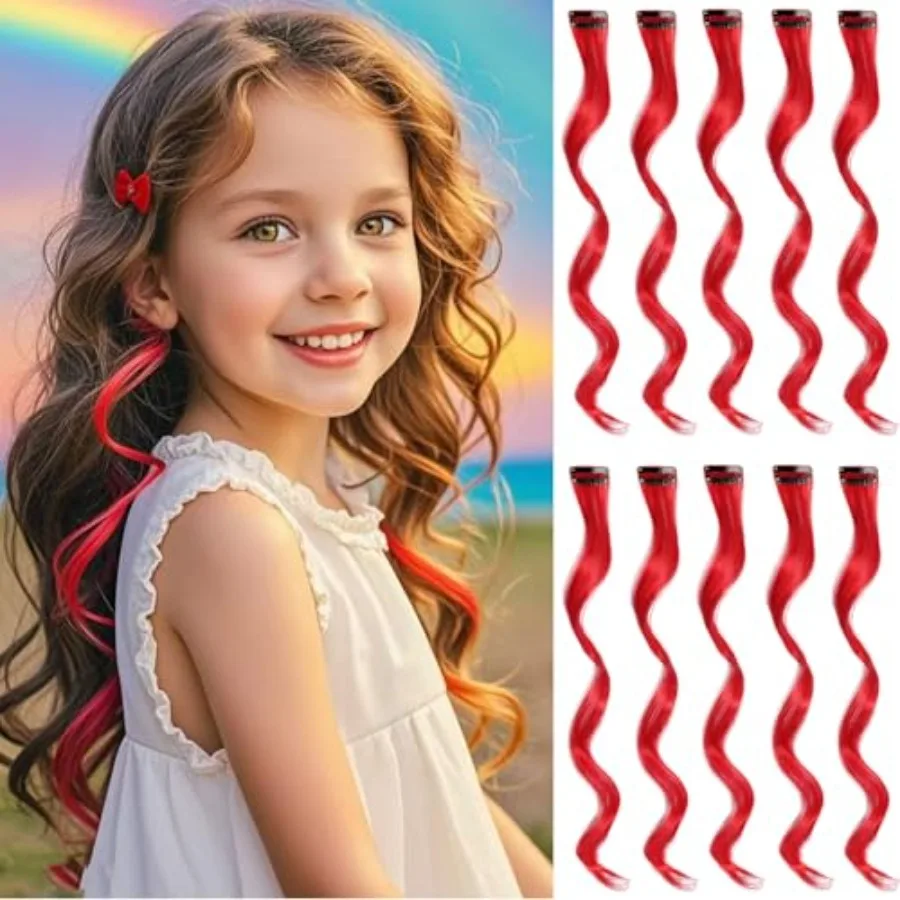 

Colored Hair Extensions Clip in for Girls Women, 16inch Curly Wavy, 10pieces Red