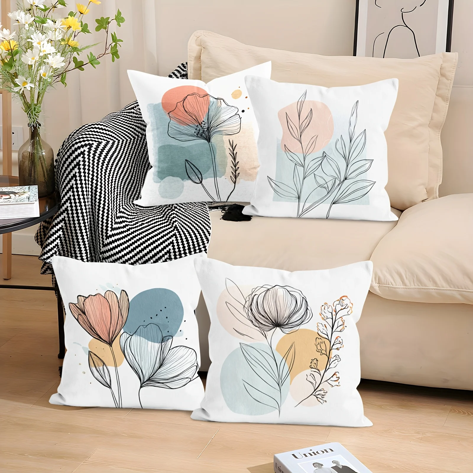 1PC 2D Flat Boho Line Art Floral Throw Pillow Covers Minimalist Watercolor Botanical Cushion Cases for Home Decor No Pillow Core