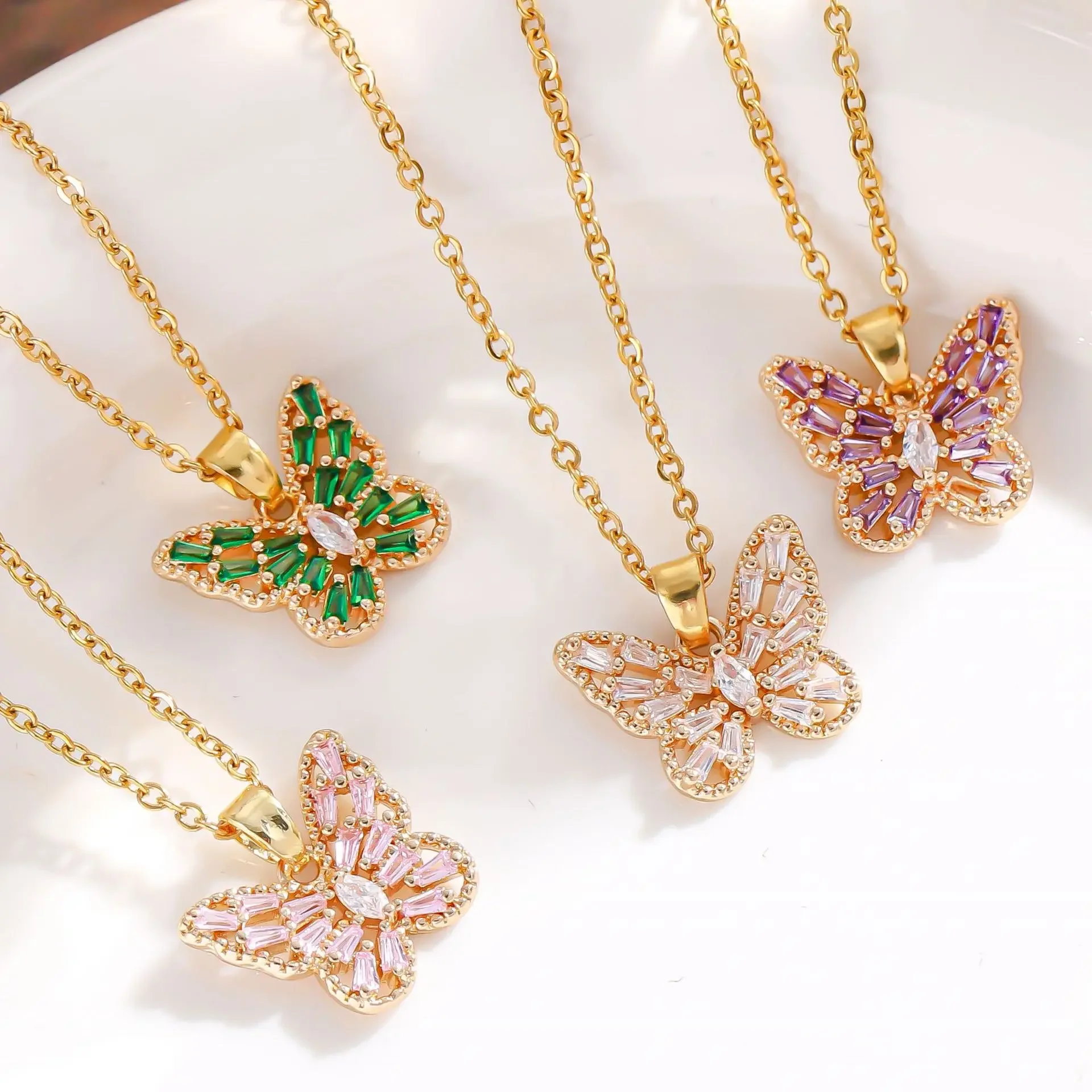 Popular Water Resistant Stainless Steel Bright Pink Crystal Zircon Butterfly Pendant Necklace For Ladies Girls Women