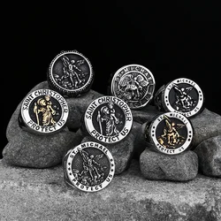 316L Stainless Steel St-Michael Men Rings Good Lucky Talisman Religious Personality Biker Ring for Men Boy Fashion Jewelry Gift