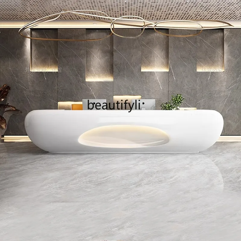 

Paint checkout page Reception desk FRP modern welcome desk Creative curved beauty salon Bar reception desk