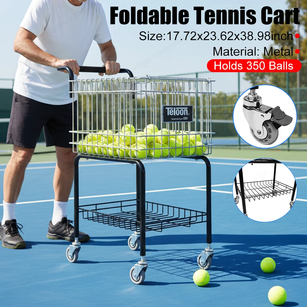 

Корзина для сбора мячей на 350 штук, мобильная стальная тележка для тренировок по теннису, пиклболу, бейсболу, софтболу на корте