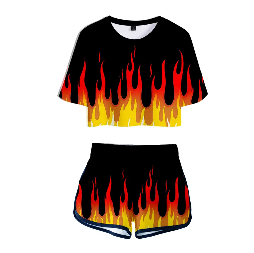 

Comfortable 3D Print Red and yellow flame Short Sleeve Sexy Shorts+lovely T-shirts Dew navel Pretty Girl suits Two Piece Set