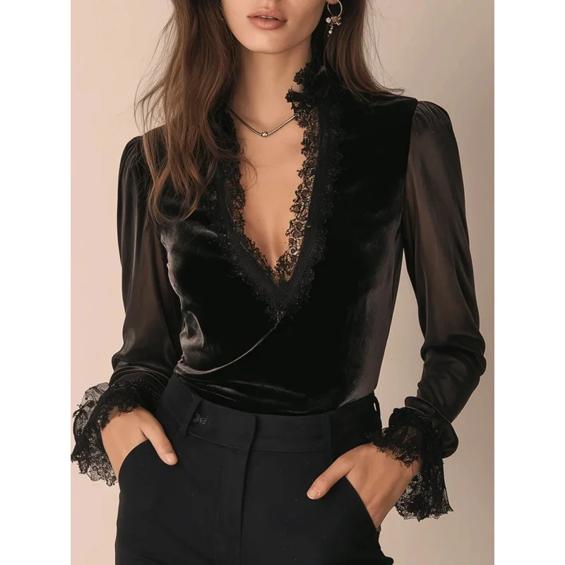 Sexy V-Ausschnitt ​ ​ Dünne Samt Tops Elegante Perspektive Langarm Chic Frauen Blusen Frühling Französisch Retro Spitze Spleißen Shirts