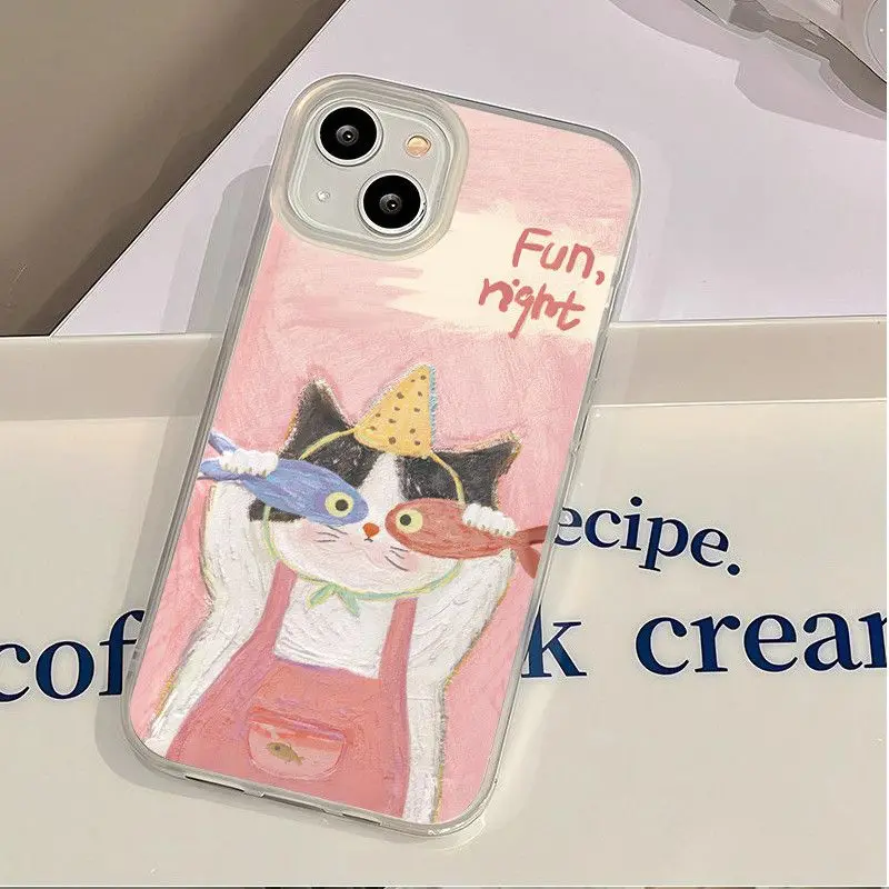 

Корейский чехол для телефона Ins Oil Painting Frosted Fish Cat для iPhone 16 15 14 13 12 11 Pro XS Max 7 8 Plus MINI Sweet Y2K