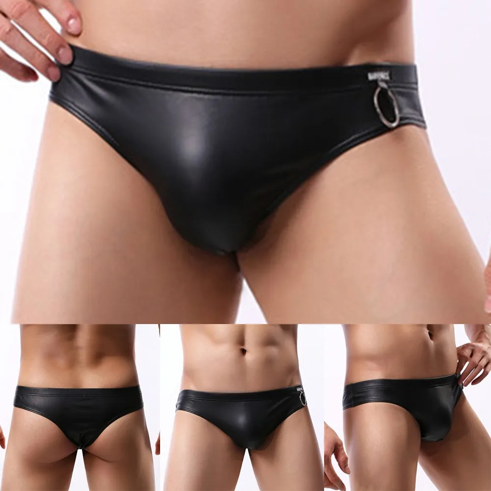 Ropa interior de piel sintética negra para hombre, calzoncillos elásticos para hombre, lencería Sexy con decoración de anillo de Metal, bragas