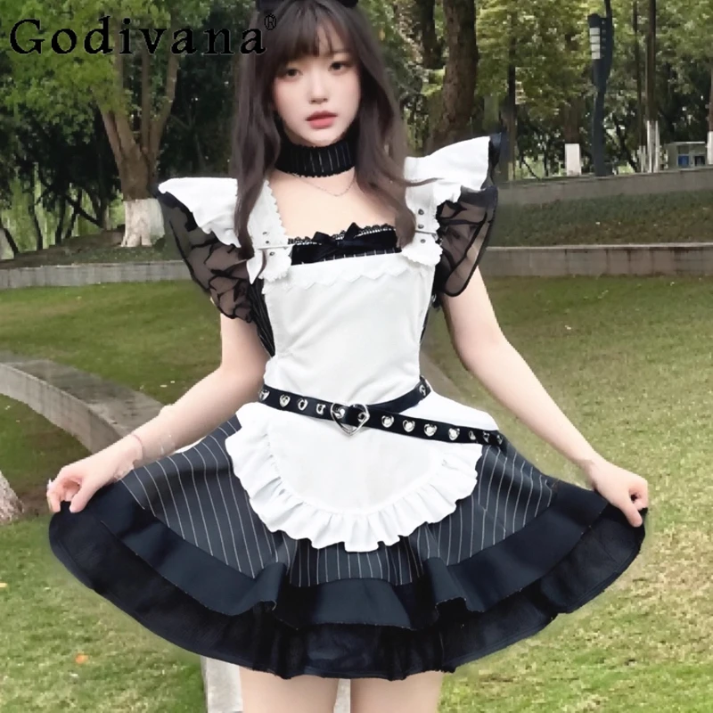 

Большой размер L-5XL, новая черная милая униформа горничной в стиле Лолиты, летние японские платья трапециевидной формы с летающими рукавами и квадратным вырезом, высокой талией