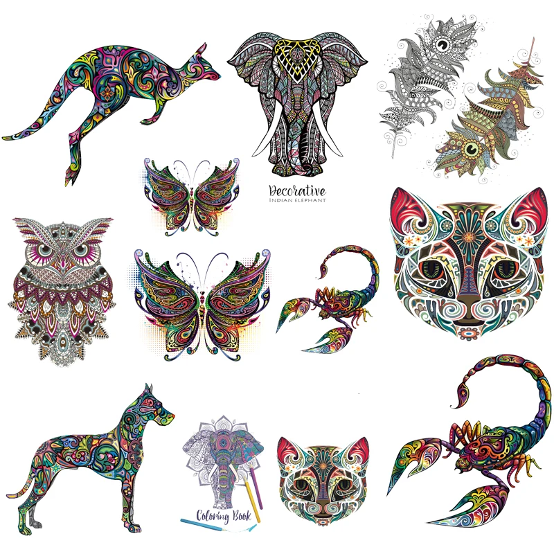 Cartoon Colorful Animals Iron-on Transfers for Clothing Cat Elephant Owl Butterfly Thermal Stickers Patches on Clothes Appliques