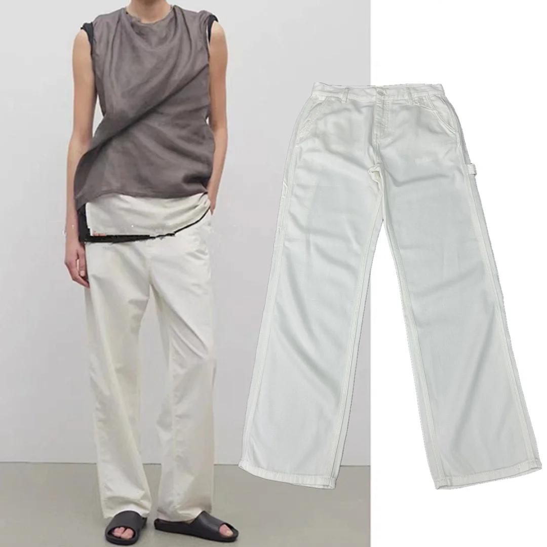 

Maxdutti Nordic Minimalist Mid Waist Slim Fit Beige Casual Workwear Jeans Women Cargo Pants Women's Denim Pants Woman Clothes