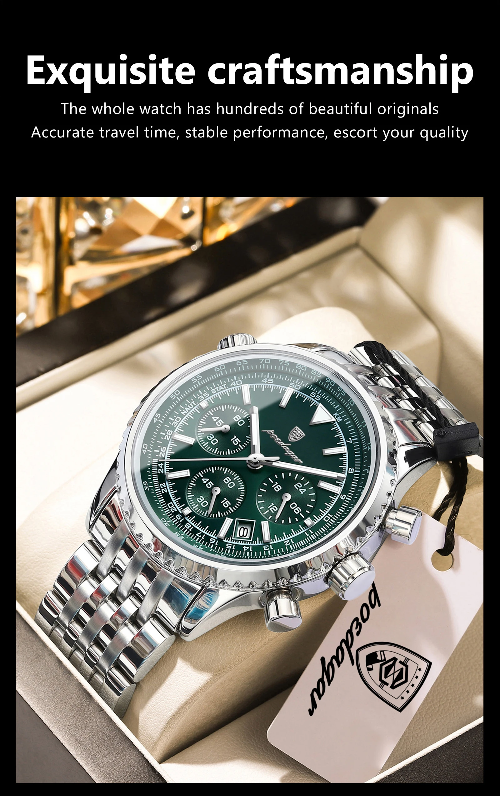 POEDAGAR Luxusuhren für Herren, Datum, Chronograph, Edelstahl, Sport-Herrenuhr, wasserdicht, leuchtender Quarz, Militär-Herrenuhr – Detail 5