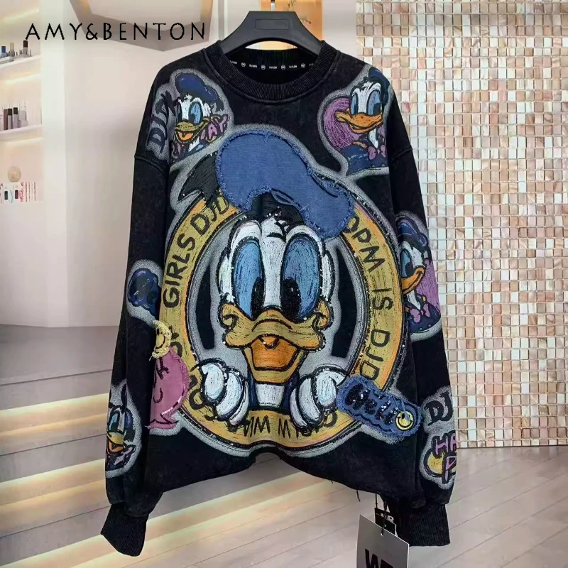 

Autumn Winter Heavy Embroidery Full Print Cartoon Hoodies Age-Reducing Loose Fit Oversized Fashion O-Neck Sweatshirt Top Ladies