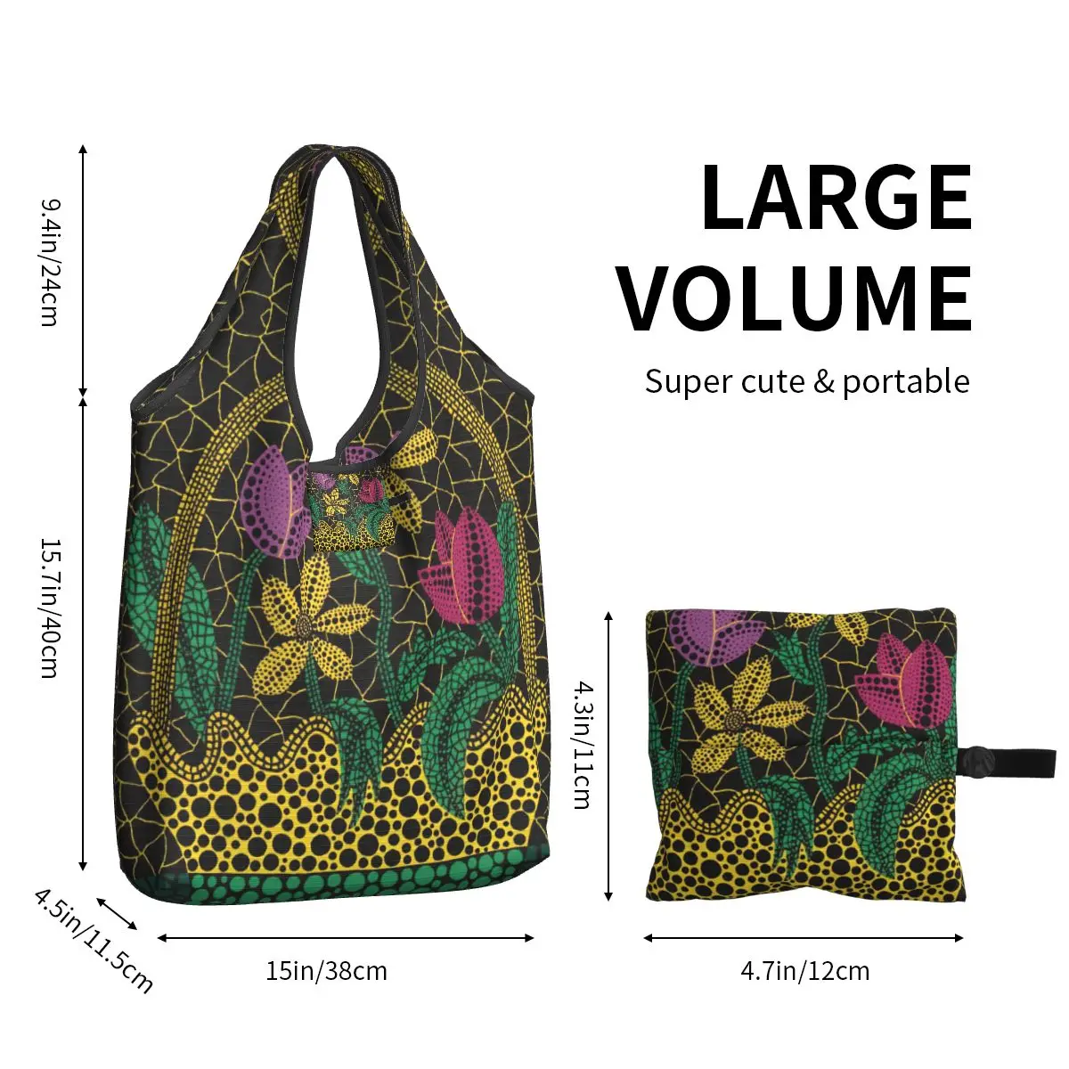 Custom Reusable Yayoi Kusama Shopping Bag Women Tote Bag Portable Colorful Flower in Basket Grocery Shopper Bags