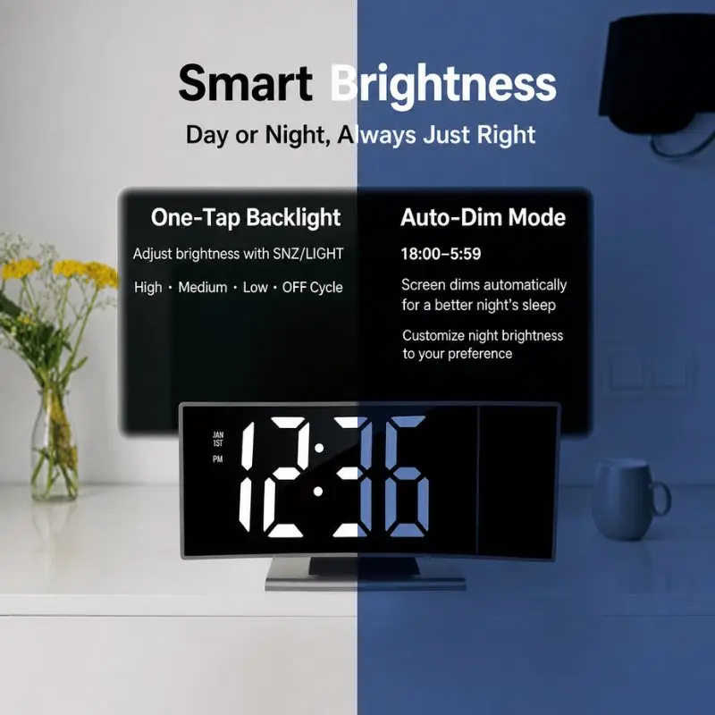 180 Degree Rotating Projection Alarm Clock with Time Date Temperature and Adjustable Brightness Silent Quartz