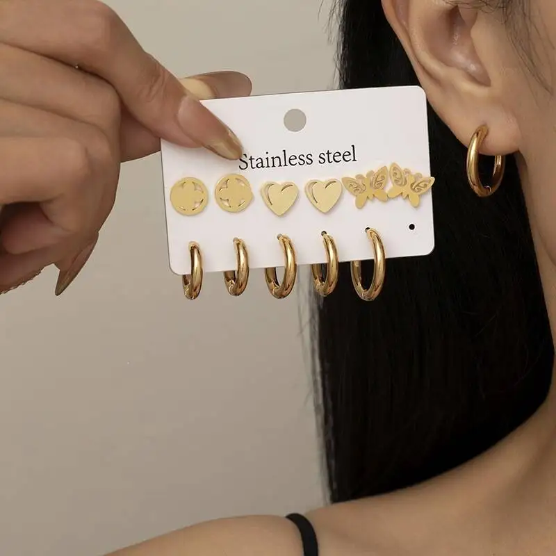 Vintage Gold Stainless Steel Earring Pack for Girls, Multi-style Tiny Studs Huggie Hoop Earrings,  Nickel Free Daily Jewelry Set