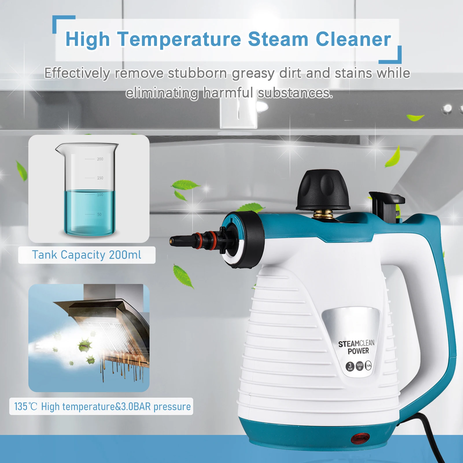 Handheld Steam Cleaner 1050W High Temperature Pressurized Steam Cleaning Tool with 9PCS Accessory Portable Multifunction Steamer