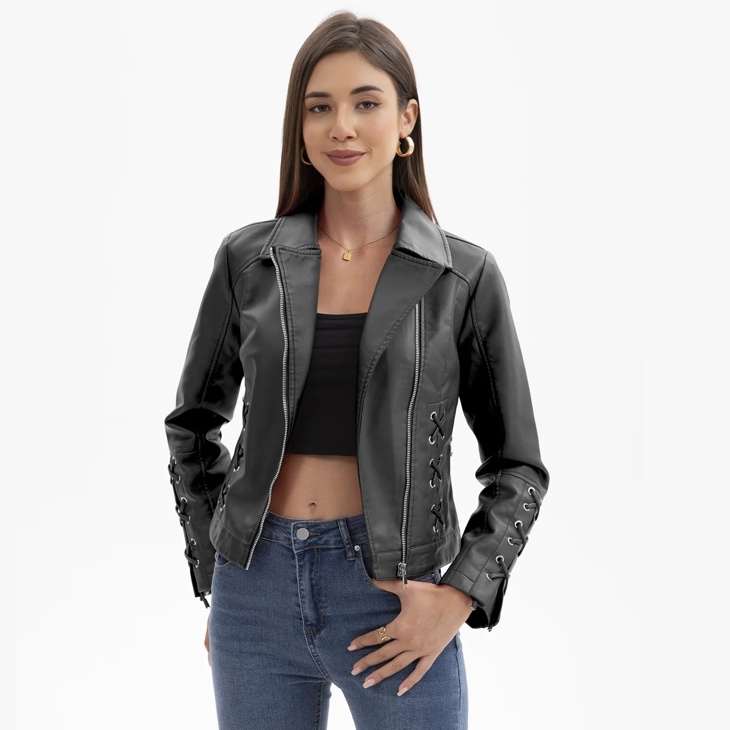 Chaqueta de piel sintética para mujer, abrigo de otoño Vintage para motociclista, prendas de vestir exteriores con cuello vuelto y cremallera, abrigo, ropa de calle