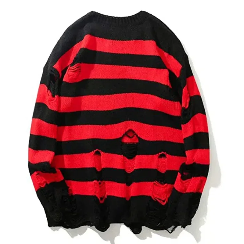 Men Pullovers Sweaters Striped Hole Tops Knitted Round Neck Full Sleeve Splice Simple Top Knit Casual Loose Autumn Winter 2024