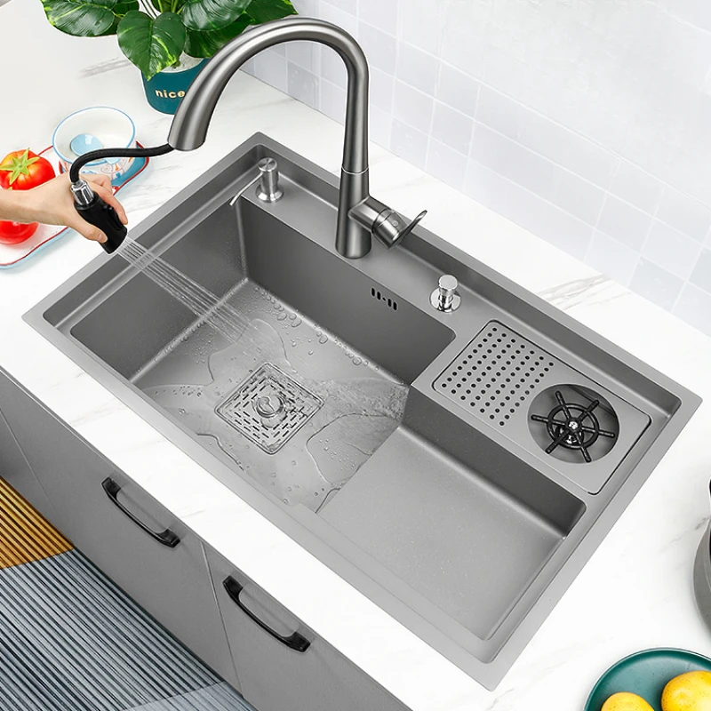 

High-pressure cup washer Nano 304 stainless steel sink Kitchen stepped dish washing basin with large single slot gun gray.