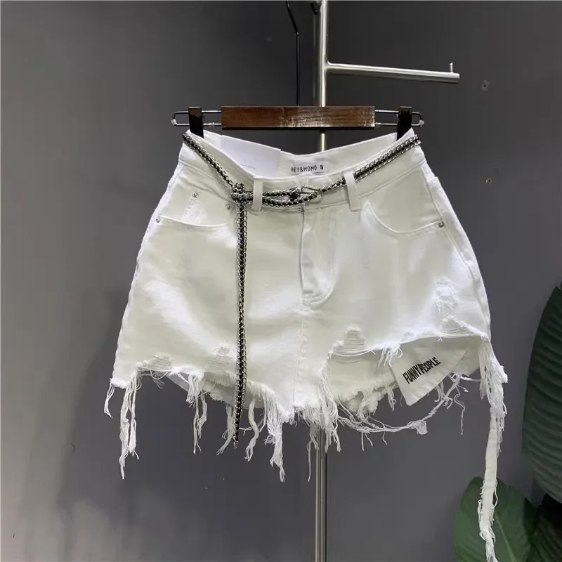 Neue Koreanische Weiß Roh Unregelmäßigen Denim Rock frauen Anti-Gehen Nackt Loch Tasche Ausgesetzt Kurzen Rock – Detail 2
