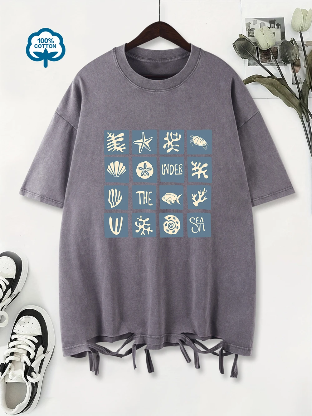 Summer Washed T-Shirts Womens Cotton Under The Sea Printing T Shirt Casual O-Neck Oversized Streetwear Vintage Woman Clothes